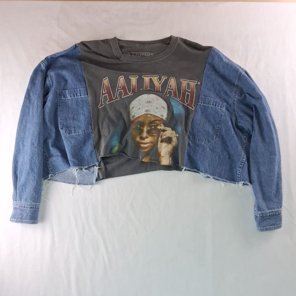Aaliyah Womens Oversized sz L Handmaid Denim Cropped Graphic Long Sleeve Shirt
